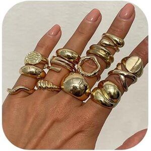 💛 Chunky Gold Open Ring Set | Hollow Line Adjustable Statement Rings